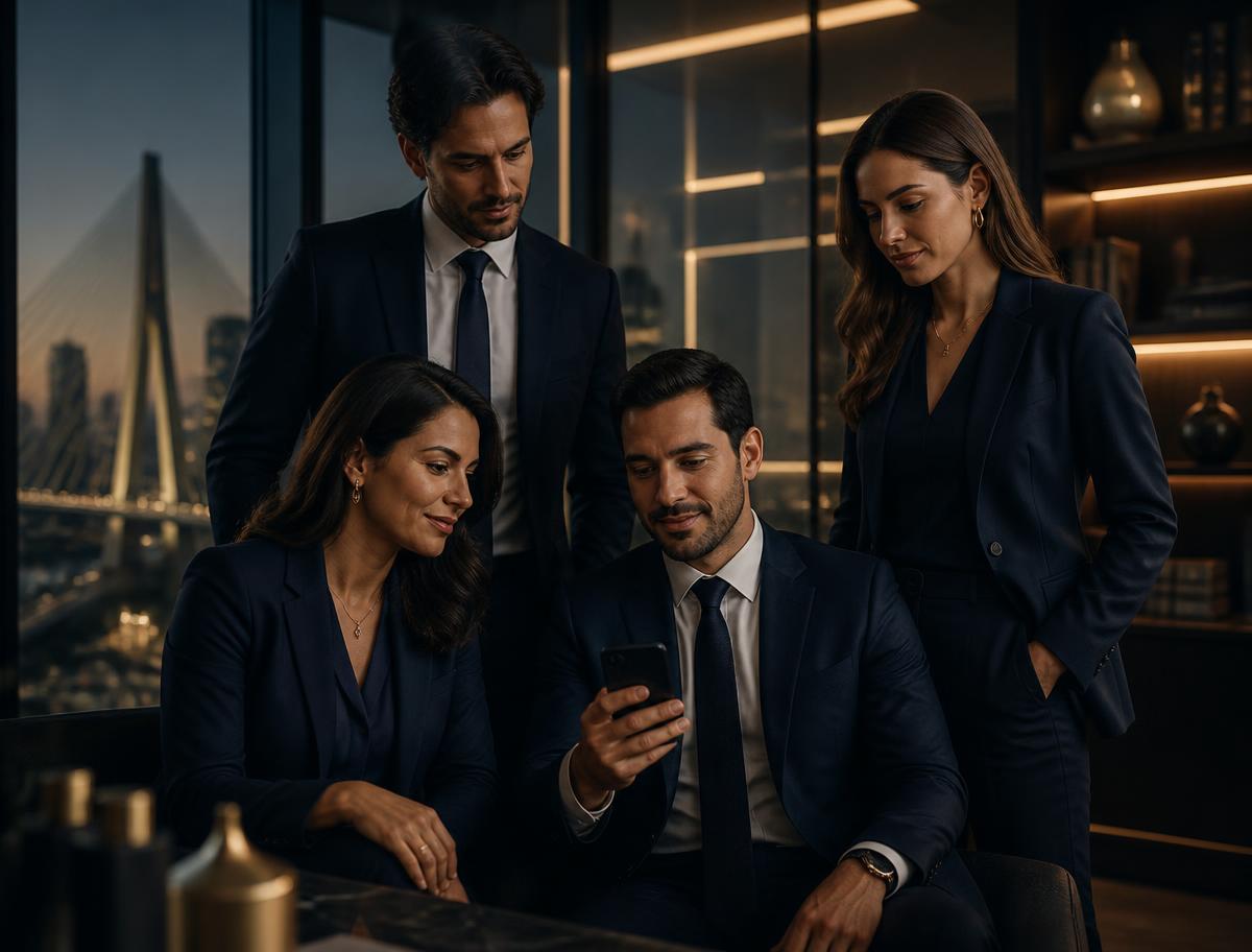 Empresários acompanhando orientações jurídicas pelo celular